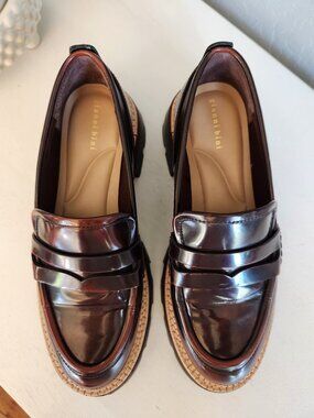 Gianni Bini Barkley Brown Leather Platform Lug Sole Penny Loafers | Size 6.5